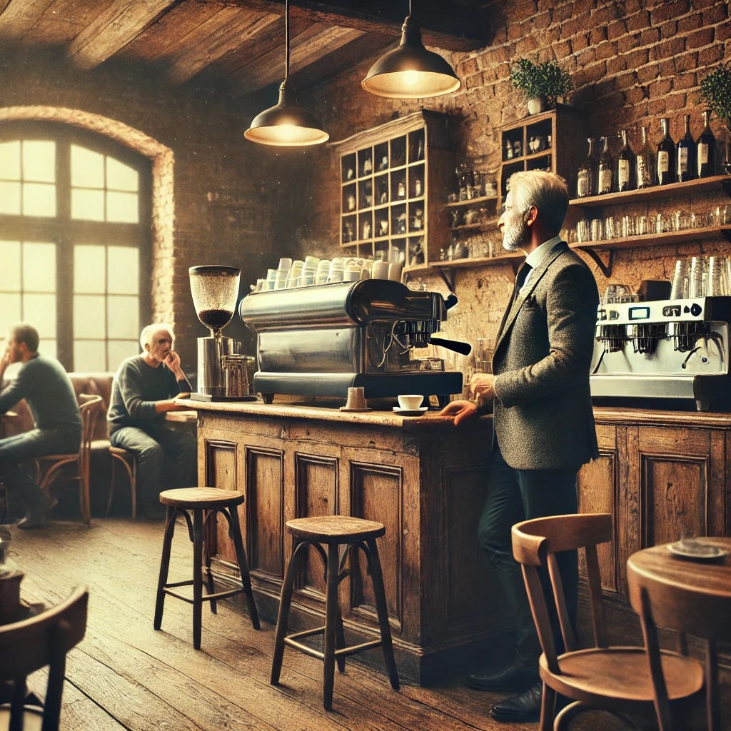 An old rustic cafe with wooden furniture and exposed brick walls, but featuring modern coffee machines behind the counter. The barista is making coffee, and there is a middle-aged man in a suit with a slightly flashy watch standing at the counter, speaking to the barista. The cafe has a cozy, warm atmosphere, with a few customers sitting quietly at small wooden tables. The scene has an old-world charm but with the contrast of sleek, modern coffee equipment on display, and the space is less crowded, with only a few people.