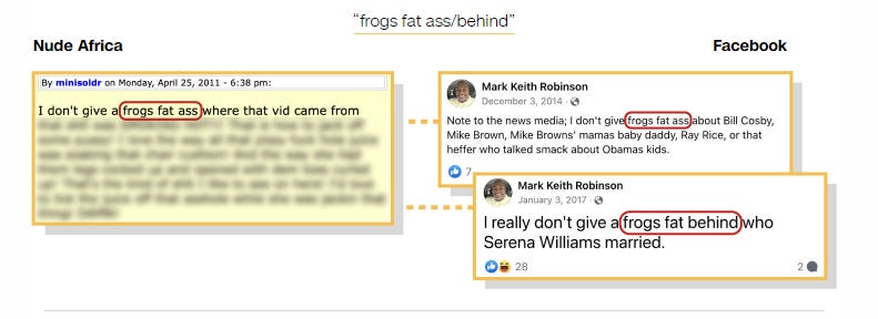 a Nude Africa post where a user uses the phrase "frogs fat ass" and two Facebook posts where Mark Robinson does likewise