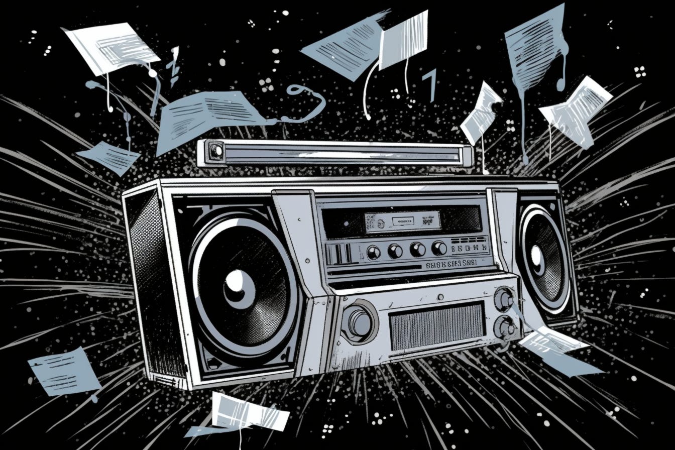 A boom box surrounded by flying pieces of paper in the style of a graphic novel