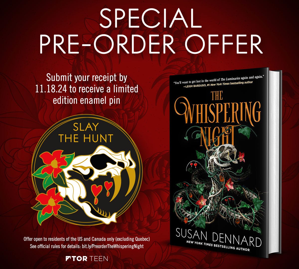 a graphic showing the enamel pin you get for pre-ordering The Whispering Night: it's a basilisk skull with long fangs and red flowers around its head. Then the words, Slay the Hunt