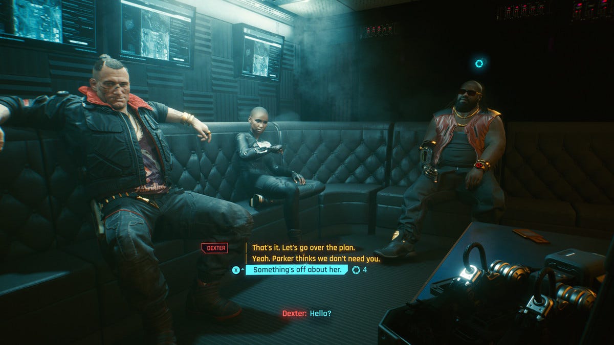 Three people sit on a sofa in a bar with dialogue choices