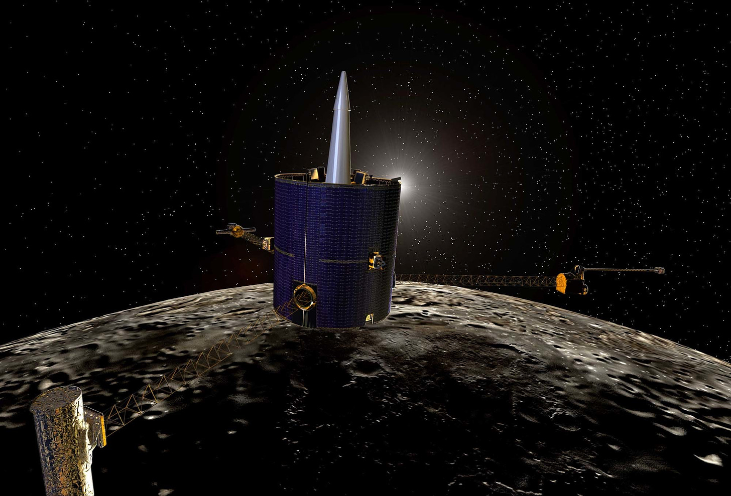 A computer-generated image of the Lunar Prospector spacecraft, shaped like a large blue cylinder with a silver spike protruding from one flat side. Three long arms extend from the rounded sides of the cylinder. The cratered lunar surface is in the background below a black sky full of stars, and the spacecraft is just blocking out the light of the sun.