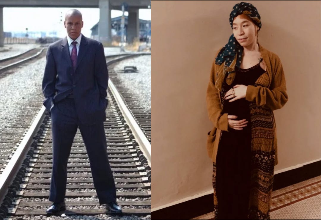 Left: A tall black butch lesbian wears a suit while standing in a wide-legged pose over train tracks. Right: An albino black woman wears a long flowing dress while holding her pregnant belly and gazing off into the distance.