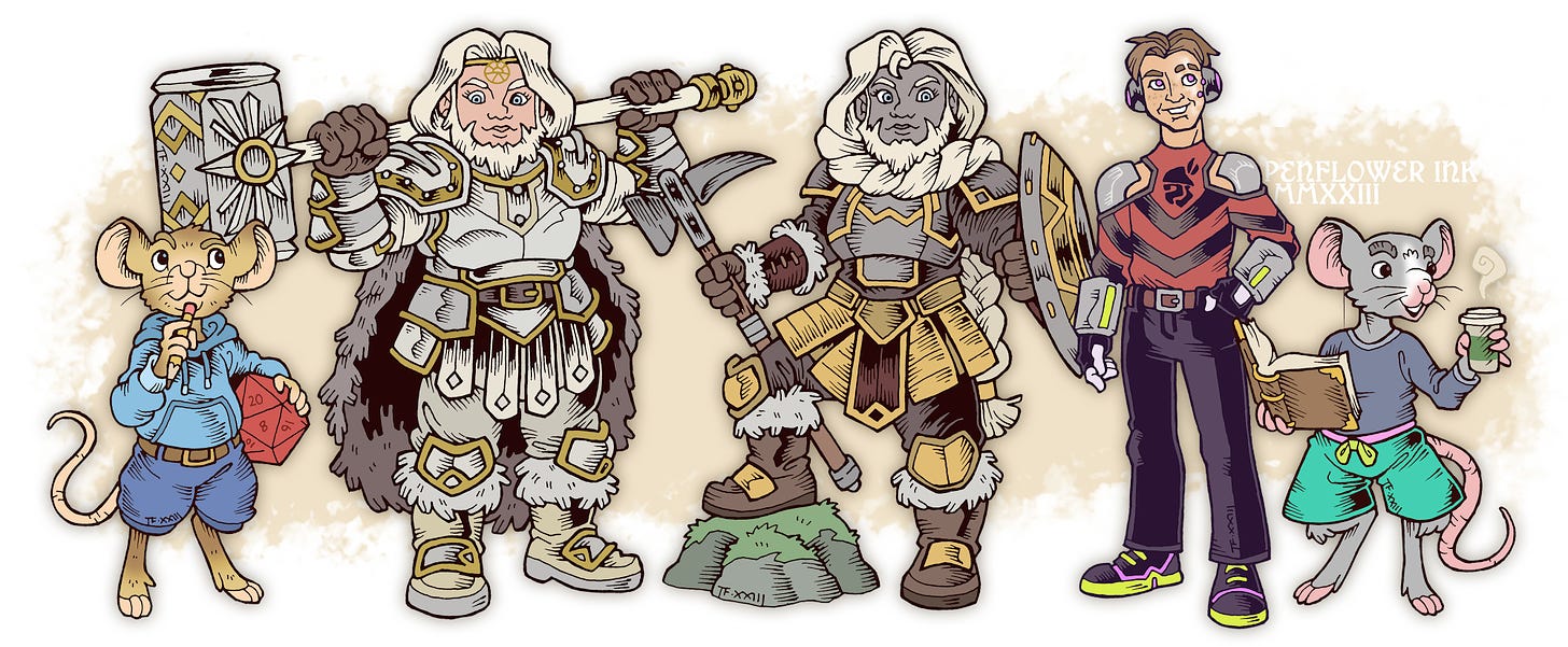 Composite image of five traditionally hand drawn, digitally coloured TTRPG character portraits. From left to right: a brown mouse in a blue hoodie and jeans, holding a large red D20. A white-haired female dwarf in silver armour and holding a huge hammer. A white haired grey dwarf woman, wearing light armour and wielding a war pick and shield. A human-looking android wearing futuristic casual clothes. A grey mouse, wearing a dark grey shirt and bright green shorts, holding a book and a coffee cup.