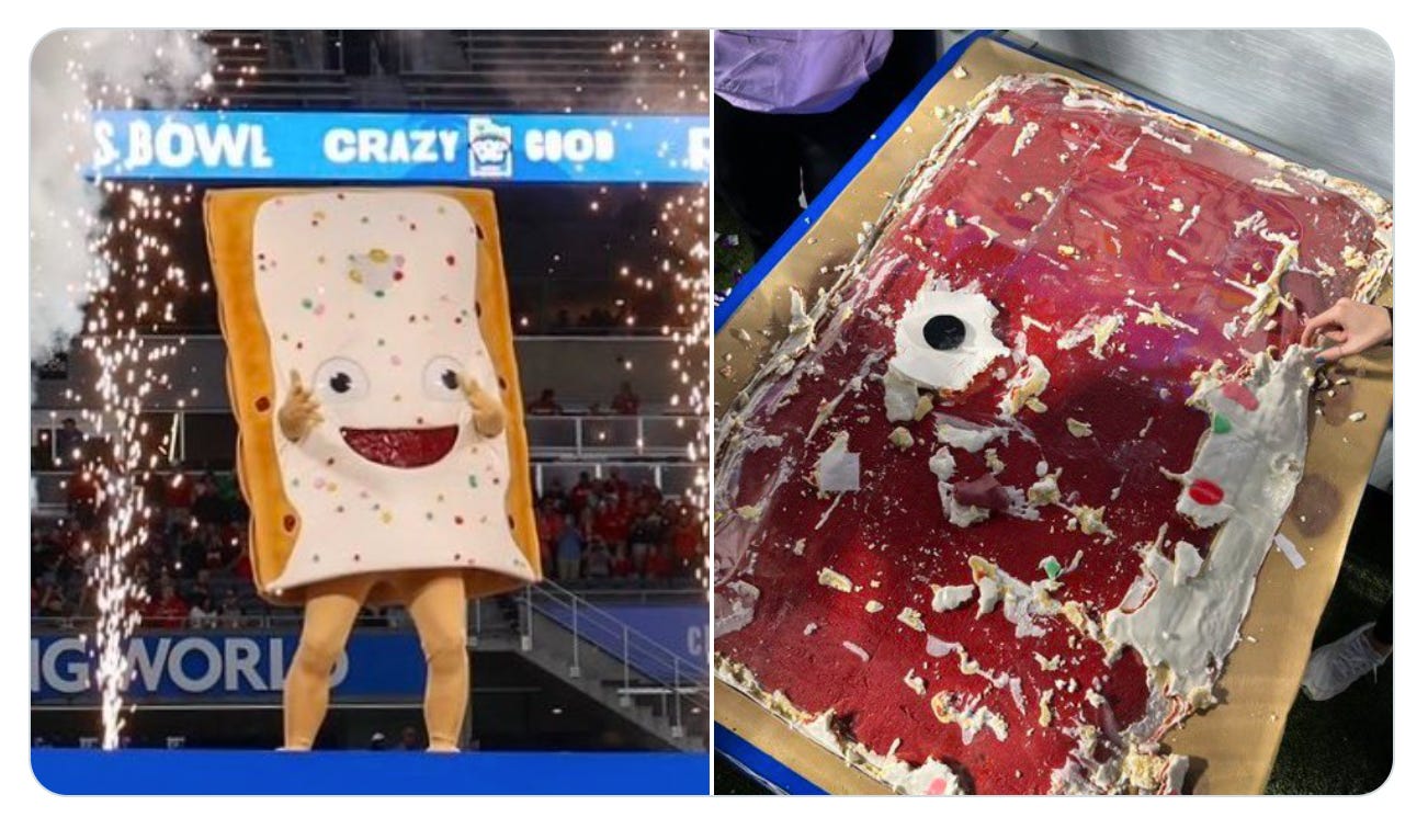 Pop-Tarts oversized edible mascot called Strawberry on the left and the corpse of Strawberry once he's been toasted and eaten. Dark stuff