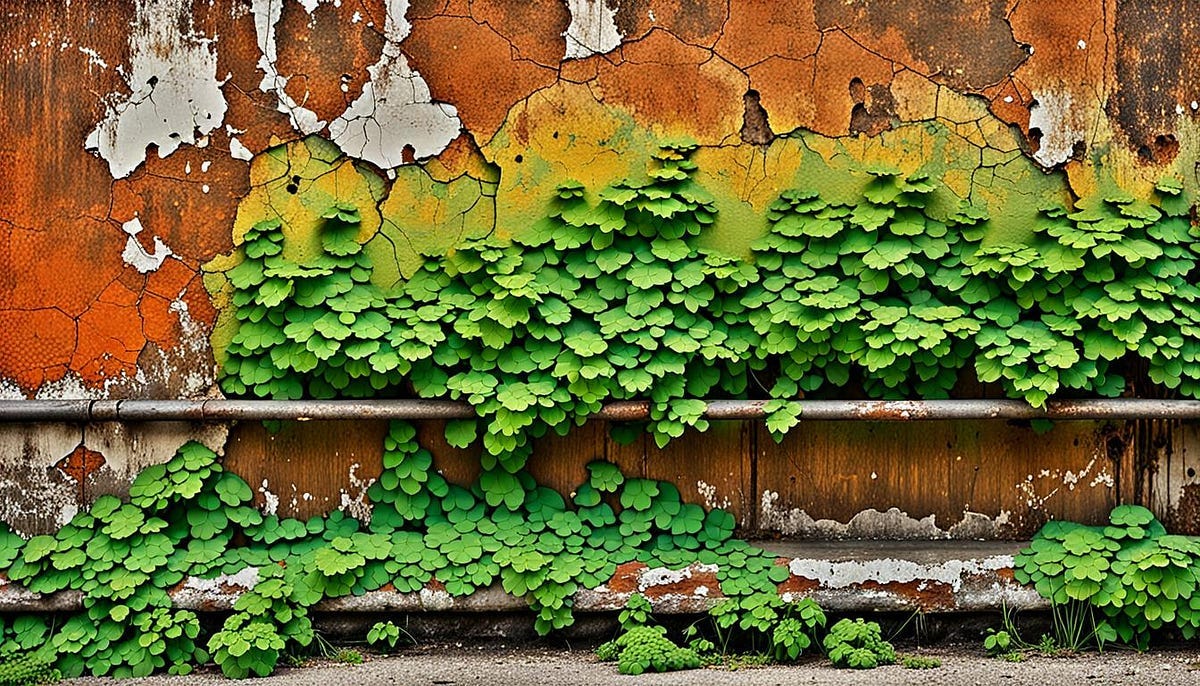 Undergrowth reclaiming a decaying wall