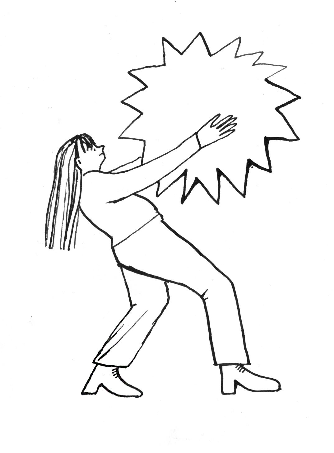 Line drawing of a woman clapping her hands with a big sun-shape between them. 