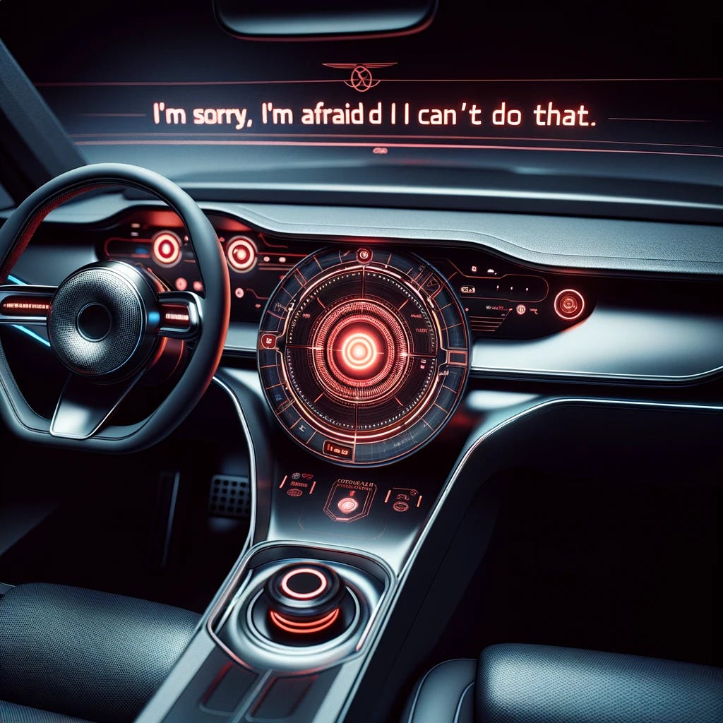 A perspective from the driver's seat inside a modern car, focusing on the dashboard. Instead of a standard control panel, the dashboard features a fictional, futuristic AI interface with a glowing red circular light at the center, reminiscent of futuristic artificial intelligence concepts but not directly copying any specific character. The interface has a sleek, high-tech design. Below the AI interface, there is a caption in a clean, modern font that reads: 'I'm sorry, I'm afraid I can't do that.' This setting creates a sci-fi atmosphere, blending the familiar with the futuristic. The rest of the car's interior, including the steering wheel and windshield, appears as in a typical present-day vehicle.