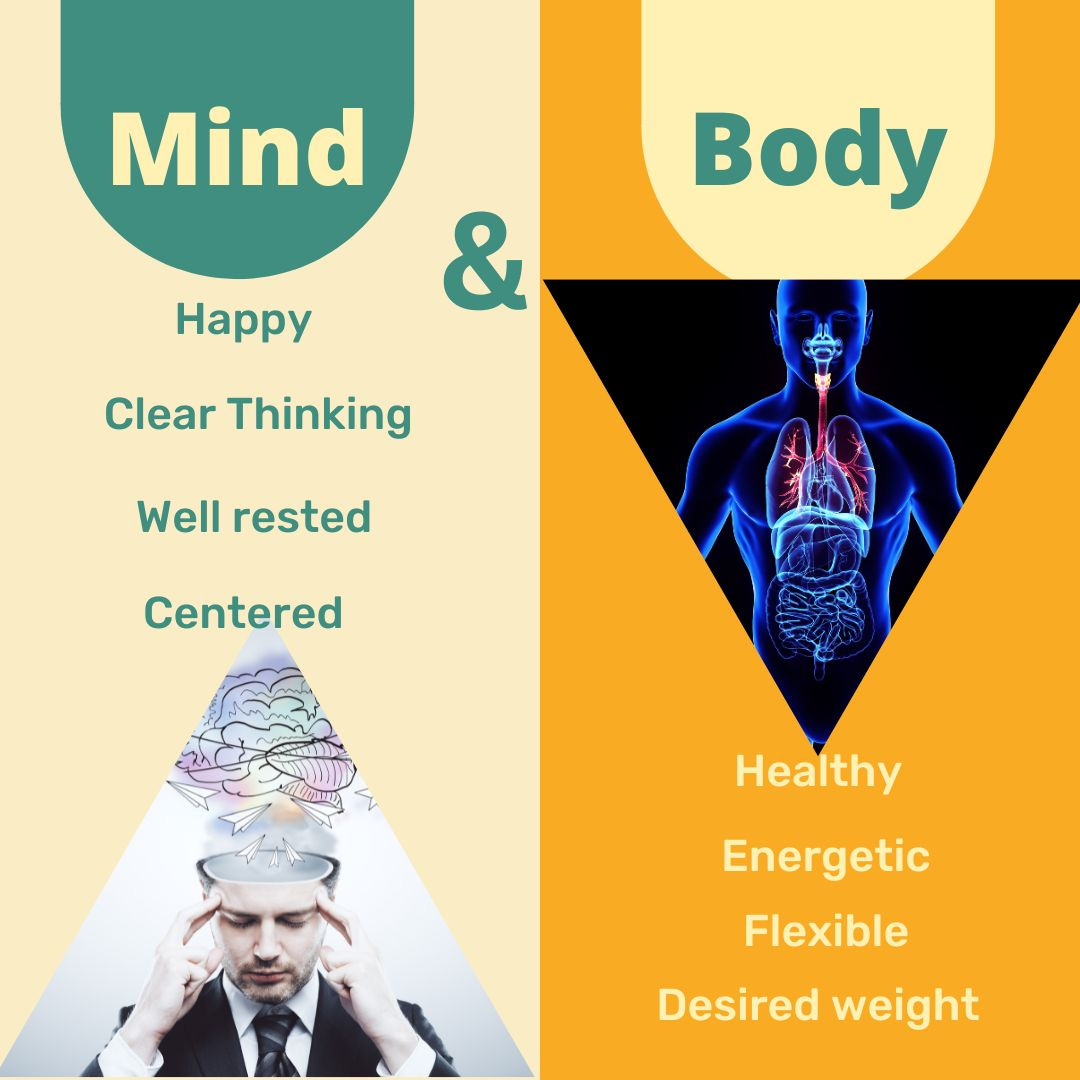 person with a thought lines above their head on the left and a human body outline with organs on the right
