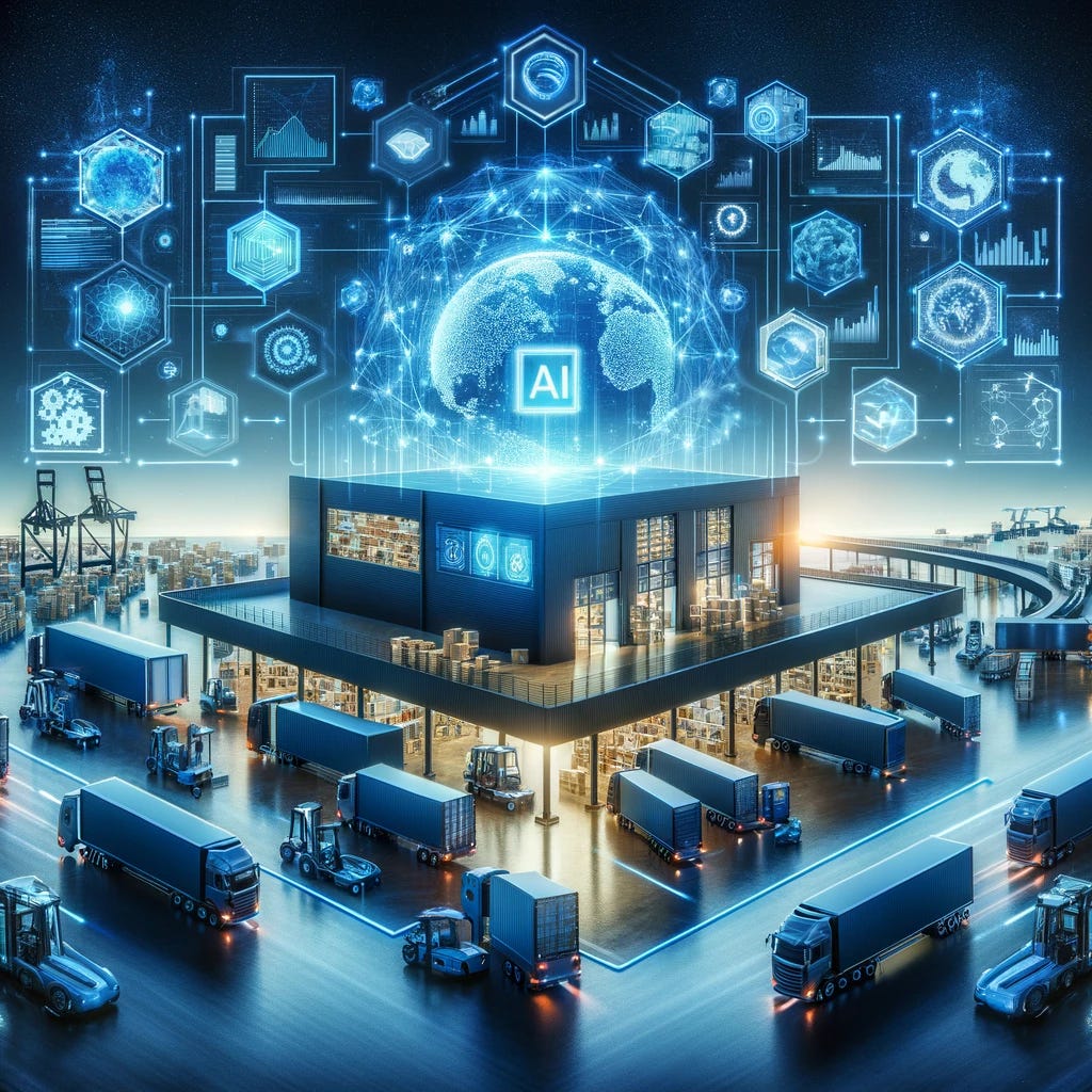 Create an image that depicts the application of Generative Artificial Intelligence (AI) in the supply chain. The image should convey a high-tech, innovative atmosphere, showcasing AI as a transformative force in logistics and supply chain management. Visual elements might include AI algorithms analyzing data, autonomous decision-making processes, predictive analytics graphics, and intelligent automation in warehousing and transportation. Highlight the AI's role in optimizing inventory levels, forecasting demand, and enhancing operational efficiency. The scene should illustrate a seamless integration of AI with various supply chain functions, indicating a future where AI-driven solutions significantly improve accuracy, speed, and reliability.