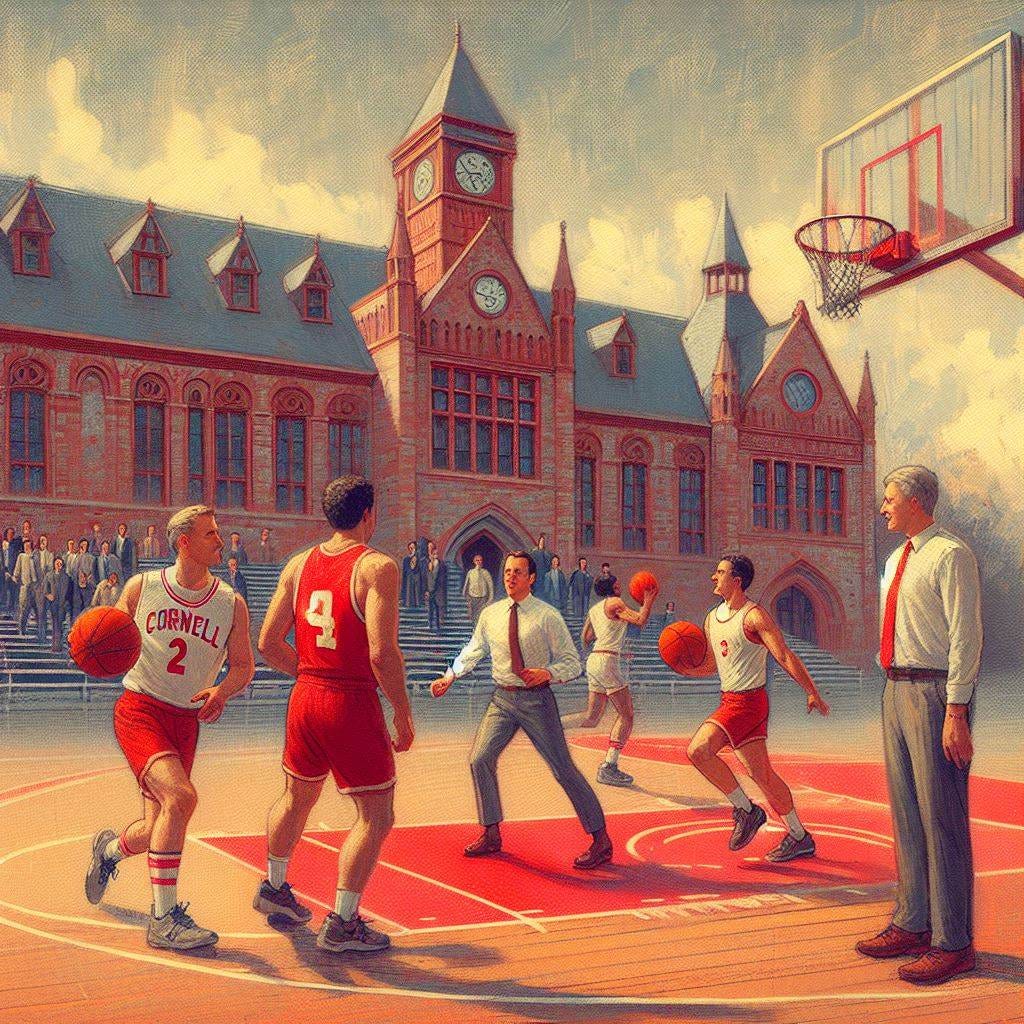 Cornell and Princeton basketball players playing a basketball game in business casual, impressionism