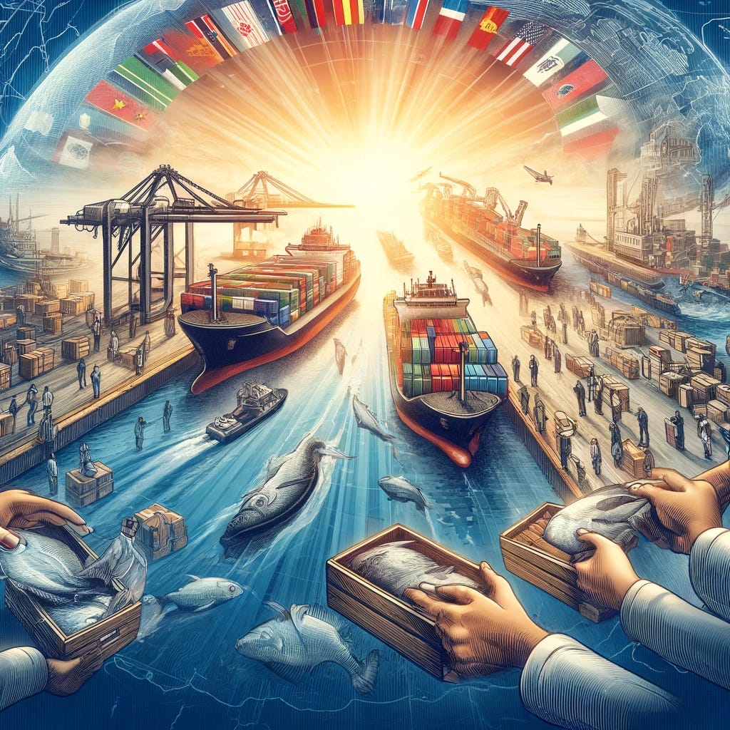 A dynamic and detailed illustration representing the global seafood trade. The image shows a bustling maritime scene with ships laden with fresh fish docking at various international ports. Multiple hands, symbolizing different agents from various countries, are depicted transferring fish crates between ships and docks. The scene is lively, with flags of various nations fluttering, and the background features a sun setting over the ocean, highlighting the rapid journey of seafood across the globe. The atmosphere conveys a sense of urgency and efficiency in the seafood trade.