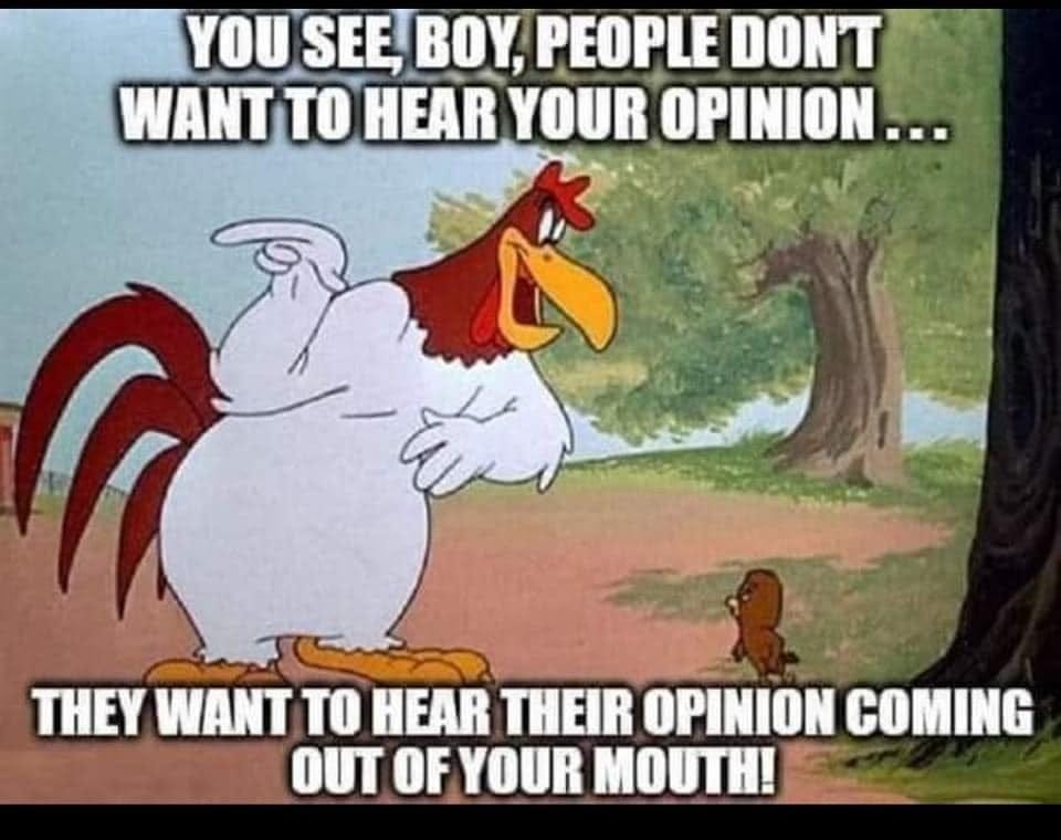 May be an image of text that says 'YOU SEE, BOY, PEOPLE DON'T WANT TO HEAR YOUR OPINION... THEY WANT TO HEAR THEIR OPINION COMING OUT OF YOUR MOUTH!'