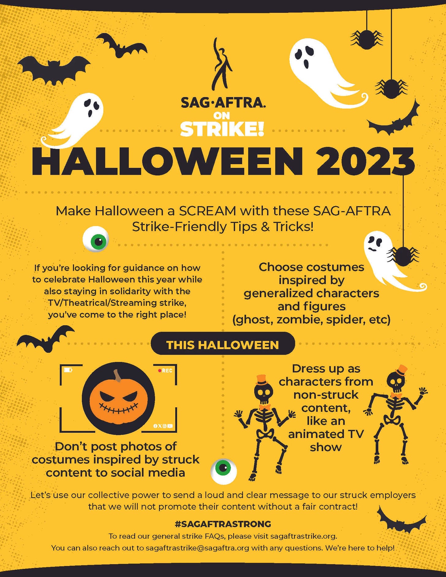 Halloween Guidance from SAG-AFTRA to make sure our members don’t inadvertently break strike rules, some quick tips on the dos and don’ts for costumes.