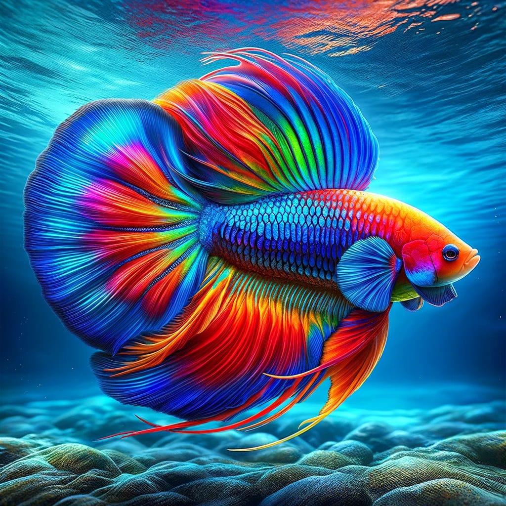 A vibrant and colorful fish swims gracefully in a crystal clear underwater environment, showcasing a stunning array of hues including blues, reds, yellows, and greens. Its scales shimmer in the light, reflecting the vivid colors and adding to the mesmerizing beauty of the scene. The fish's elegant movements and the serene aquatic backdrop create a peaceful and captivating image, highlighting the diversity and beauty of marine life.