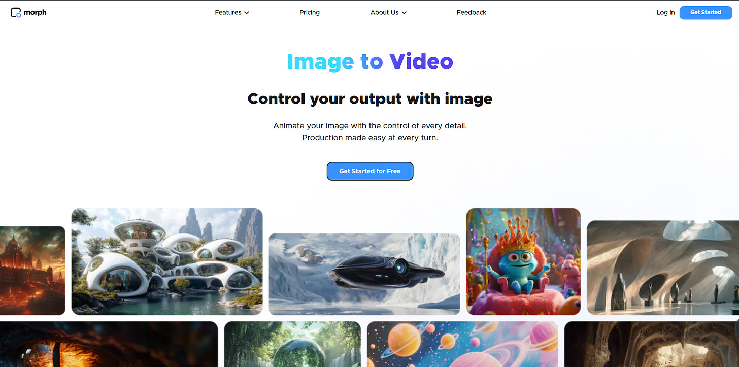 Morph Studio front page. AI video tool with image-to-video capabilities.