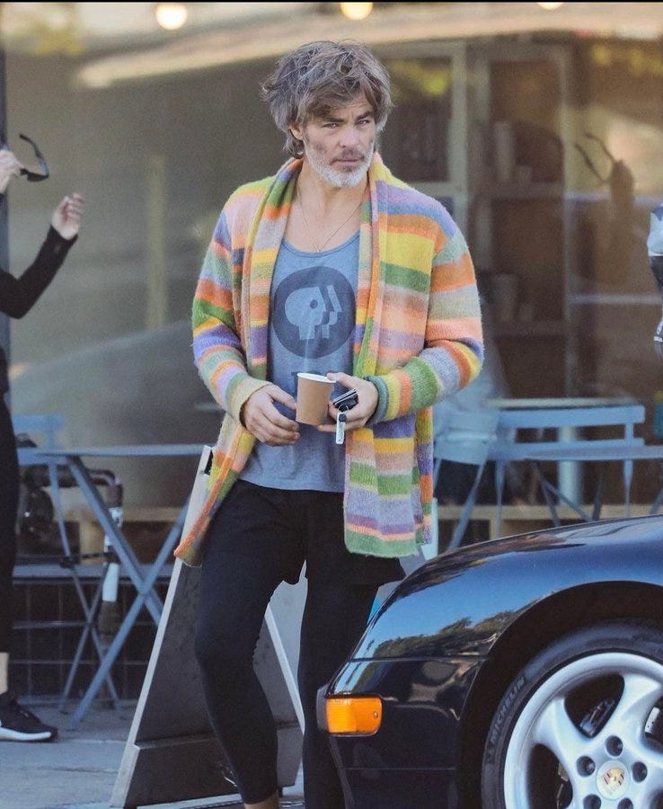 Chris Pine gets coffee while dressed like your lesbian aunt