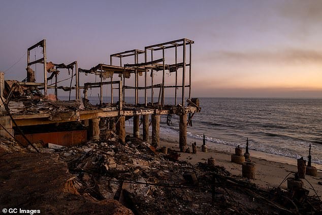 View of damaged structures and homes caused by the Palisades Wildfires in the Pacific Palisades neighborhood of Los Angeles on January 11, 2025