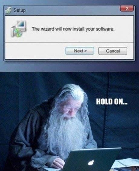 Internetové meme ukazuje počítačový dialog, který říká: The wizard will now install your software. Pod dialogem je fotografie Albuse Brumbála, kouzelníka z Harryho Pettera, který pracuje s notebookem, a nápis Hold on...