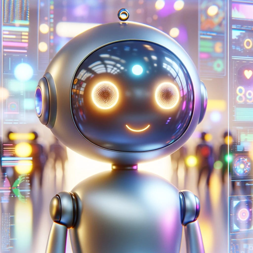 A friendly representation of a large language model (LLM) with vision capabilities. This scene shows a whimsical, robot-like figure with gentle, glowing eyes and a smile, symbolizing a welcoming presence. It stands in a bright, modern environment filled with colorful data streams and soft lighting. The robot has a smooth, rounded metallic body, emphasizing its approachable and non-threatening nature. It is actively engaged in processing visual data, represented by playful, animated graphics on nearby digital screens.