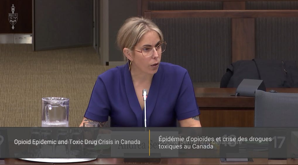 Andrea Sereda is sitting at a desk in a meeting space in parliament, where she is speaking  into a microphone. At the bottom of the image, the chyron says "opioid epidemic and toxic drug crisis in Canada"