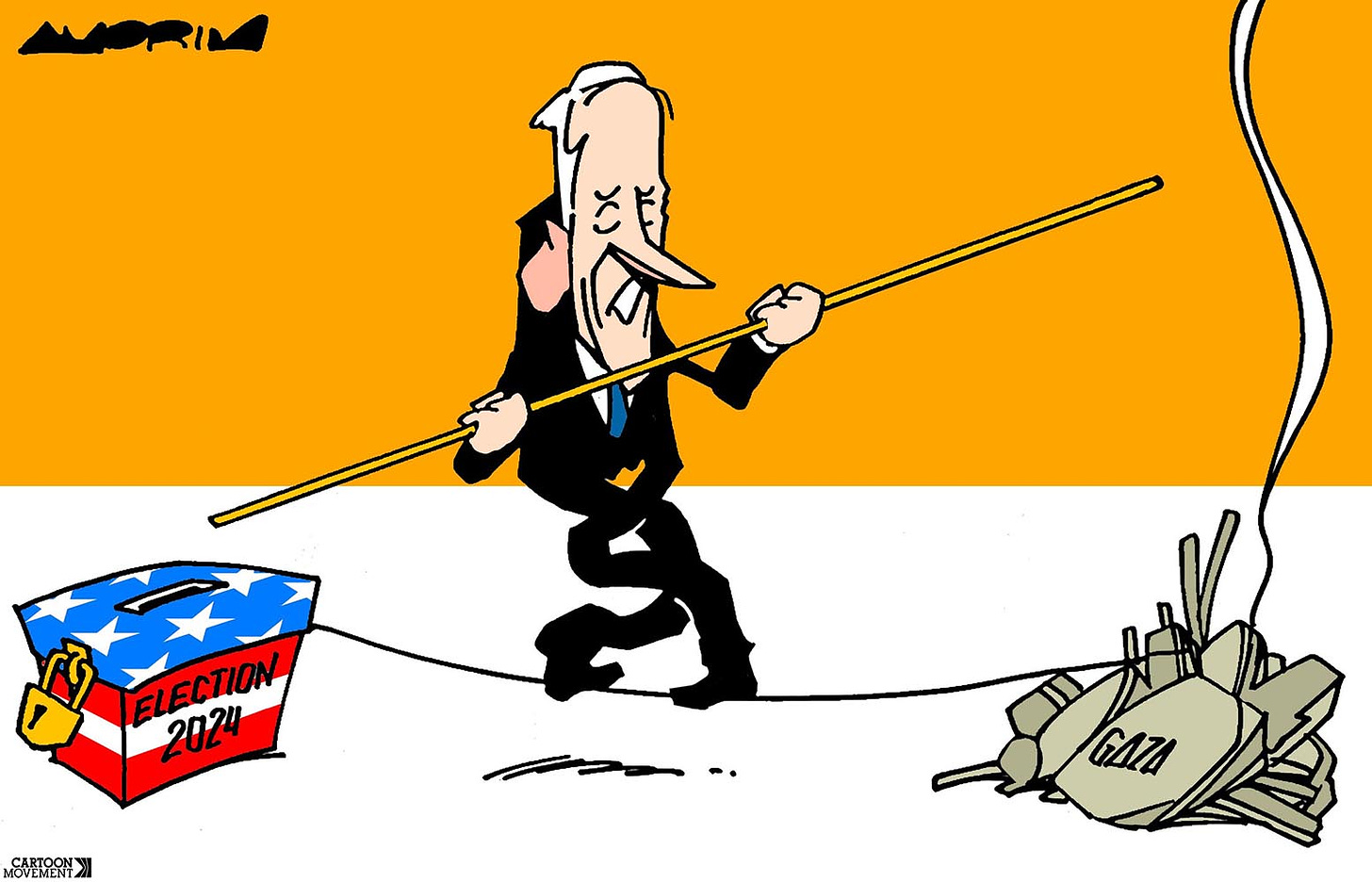 Cartoon showing Joe Biden on a tightrope, held up on one end by a ballot box with the text ‘election 2024’ and on the other end by the ruins of Gaza.
