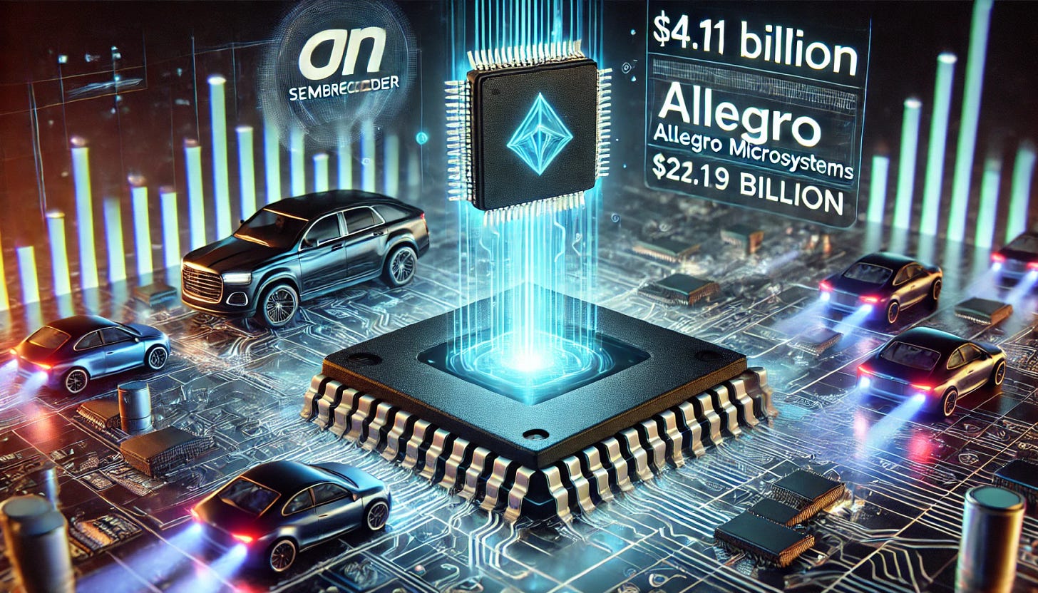 A 16:9 futuristic illustration depicting ON Semiconductor’s potential acquisition of Allegro MicroSystems. The scene features two semiconductor chips, one branded with ON Semiconductor and the other with Allegro, merging together in a high-tech automotive setting. Glowing data streams symbolize the integration of technologies, enhancing automotive semiconductor capabilities. Holographic financial charts display the $4.11 billion market cap of Allegro and ON’s $22.29 billion valuation. In the background, autonomous vehicles and electric cars represent the future impact of this potential acquisition on the automotive industry.