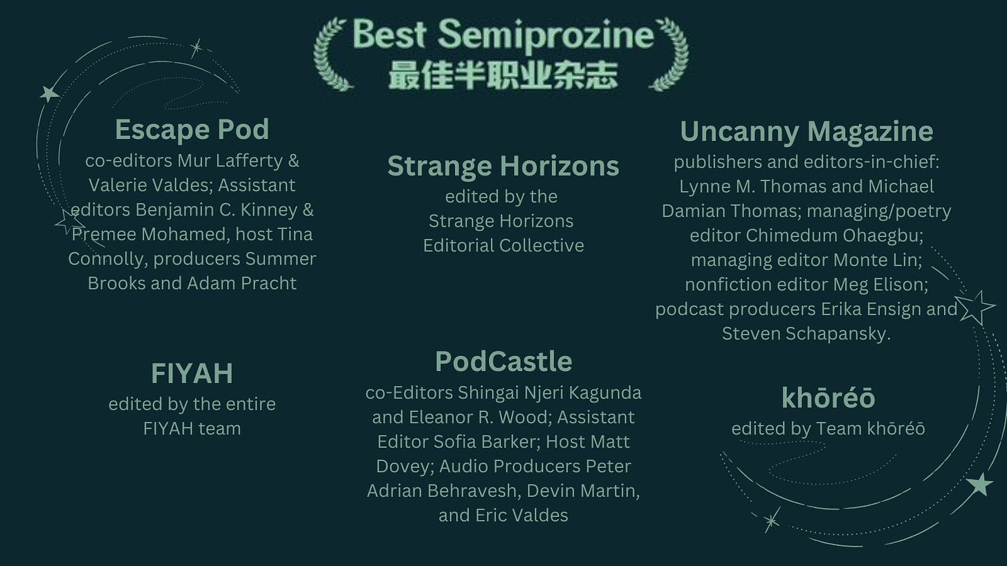 Best Semiprozine  Escape Pod, co-editors Mur Lafferty & Valerie Valdes; Assistant editors Benjamin C. Kinney & Premee Mohamed, host Tina Connolly, producers Summer Brooks and Adam Pracht FIYAH, edited by the entire FIYAH team khōréō, edited by Team khōréō PodCastle, co-Editors Shingai Njeri Kagunda and Eleanor R. Wood; Assistant Editor Sofia Barker; Host Matt Dovey; Audio Producers Peter Adrian Behravesh, Devin Martin, and Eric Valdes Strange Horizons, edited by The Strange Horizons Editorial Team Uncanny Magazine, publishers and editors-in-chief: Lynne M. Thomas and Michael Damian Thomas; managing/poetry editor Chimedum Ohaegbu; managing editor Monte Lin; nonfiction editor Meg Elison; podcast producers Erika Ensign and Steven Schapansky.