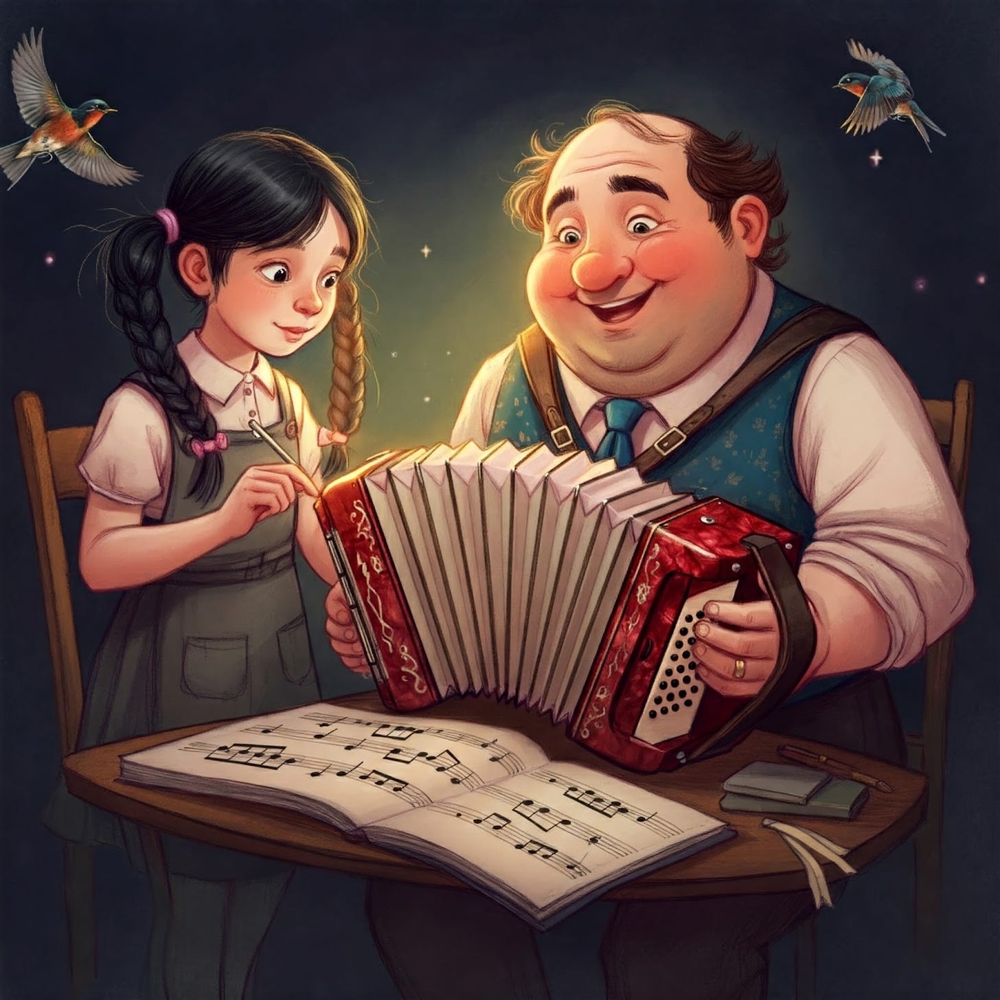 A young synetheste girl learning to write music from her accordion teacher.