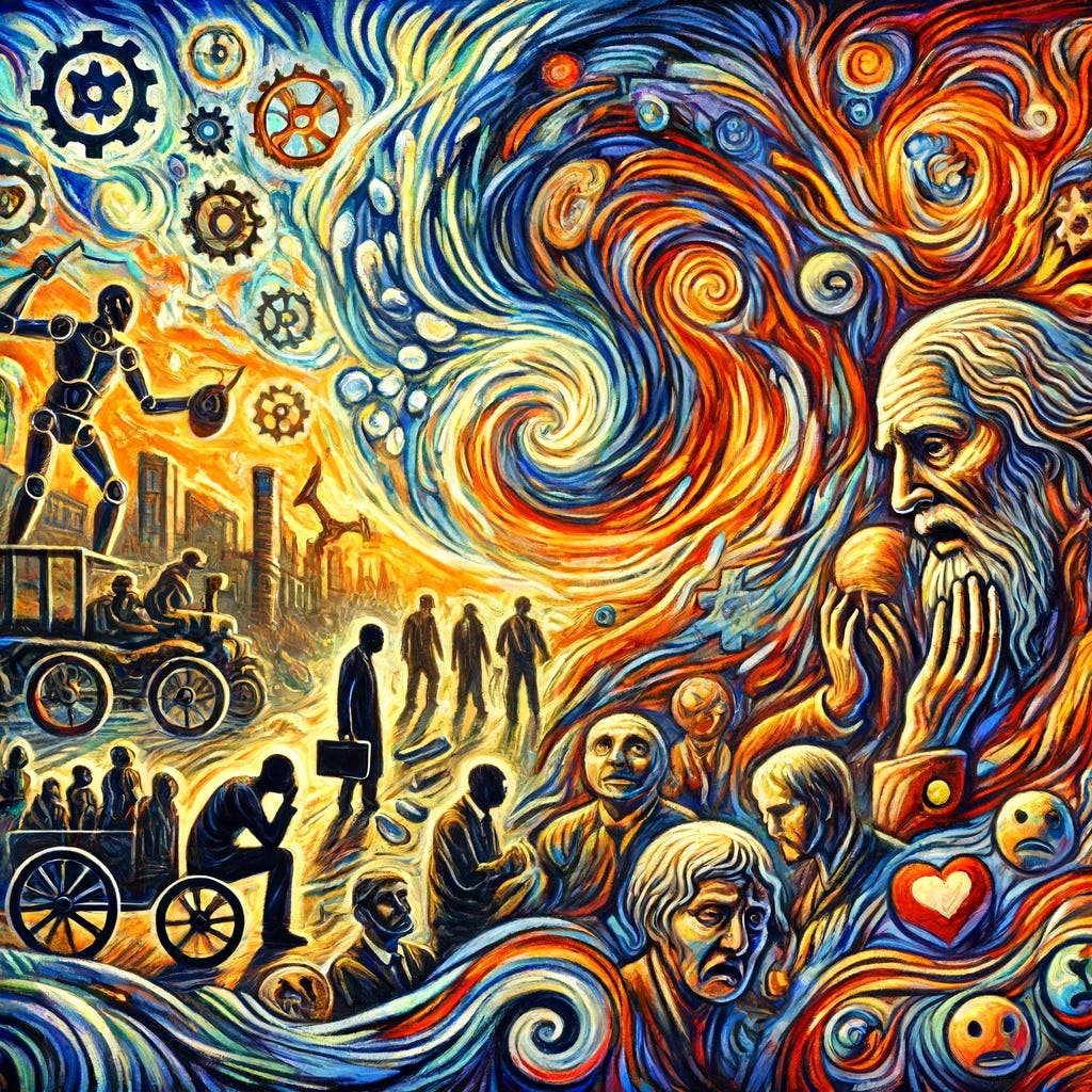 A vibrant and abstract depiction of the impact of AI on society. The scene features swirling brushstrokes and contrasting colors. One side shows robots and technology boosting productivity, with a sense of progress and wealth. The other side portrays older workers feeling left behind, surrounded by symbols of loss and emotional struggle. Figures in movement suggest a journey of adaptation and hope, with a dramatic sky symbolizing change. Elements of community, education, and support blend into the background, hinting at solutions and unity. The style is expressive, inspired by Munch's raw, emotional intensity, with an oil-on-canvas texture.
