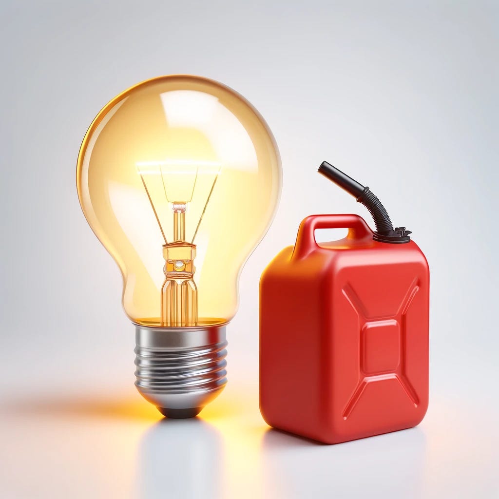 A glowing lightbulb next to a gas can on a white background. The lightbulb should be lit, emitting a warm, yellowish light. The gas can should be red with a black spout, positioned to the right of the lightbulb. The design should be simple and clean, with the focus on both the lightbulb's glow and the gas can. The background should remain plain and white to emphasize the objects.