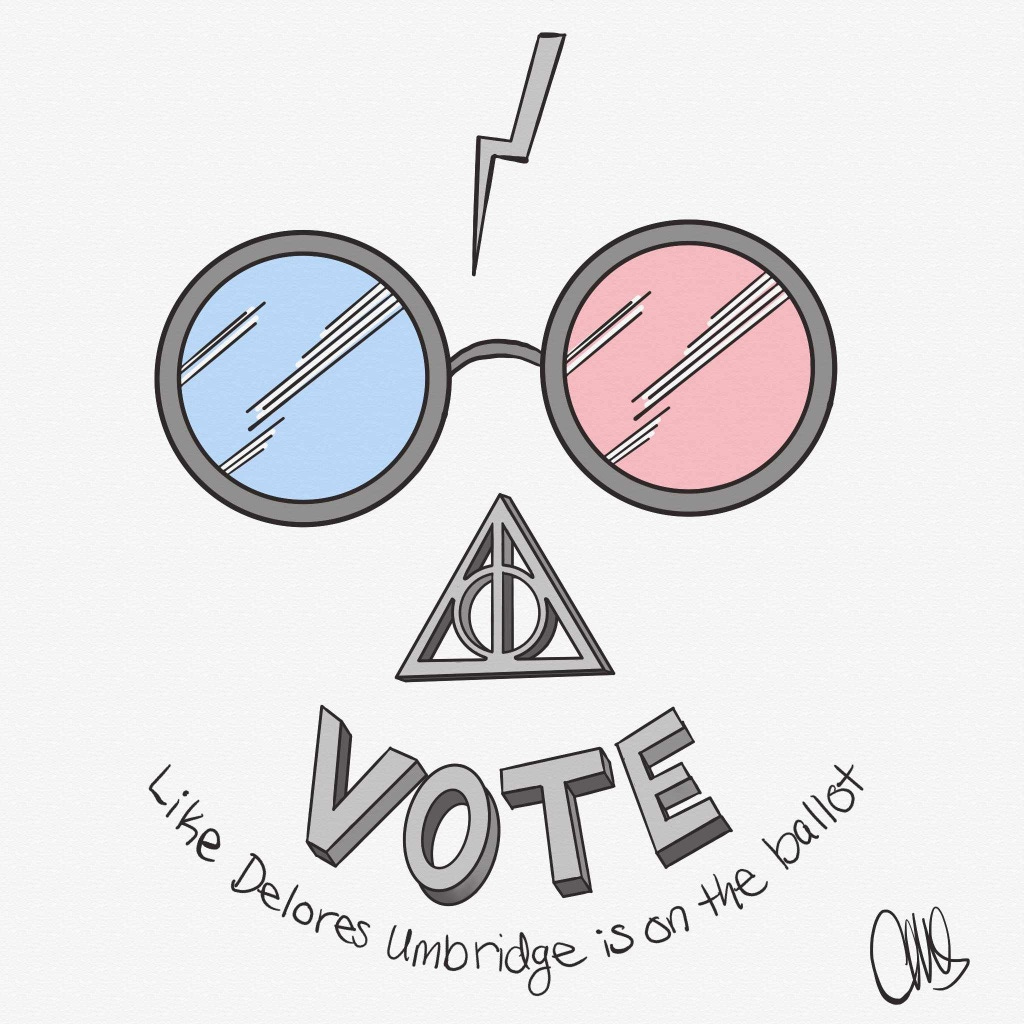 harry potter lightning bolt, below that is the glasses (left eye blue, right eye red), below that is a 3d deathly hallows symbol, next is a 3d vote block text, and finally at the bottom is hand written text that reads “like Delores Umbridge is on the ballot”