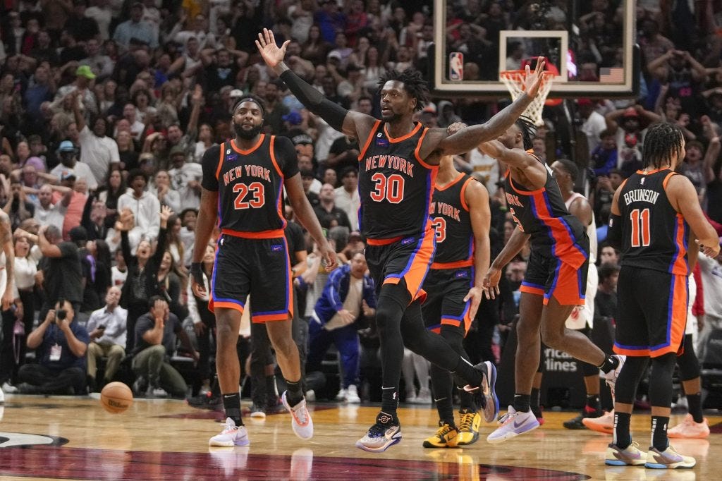 Julius Randle #30 of the New York Knicks celebrates after hitting the game winning shot with 1.7 second left on the clock against the Miami Heat at Miami-Dade on March 03, 2023 in Miami, Florida.