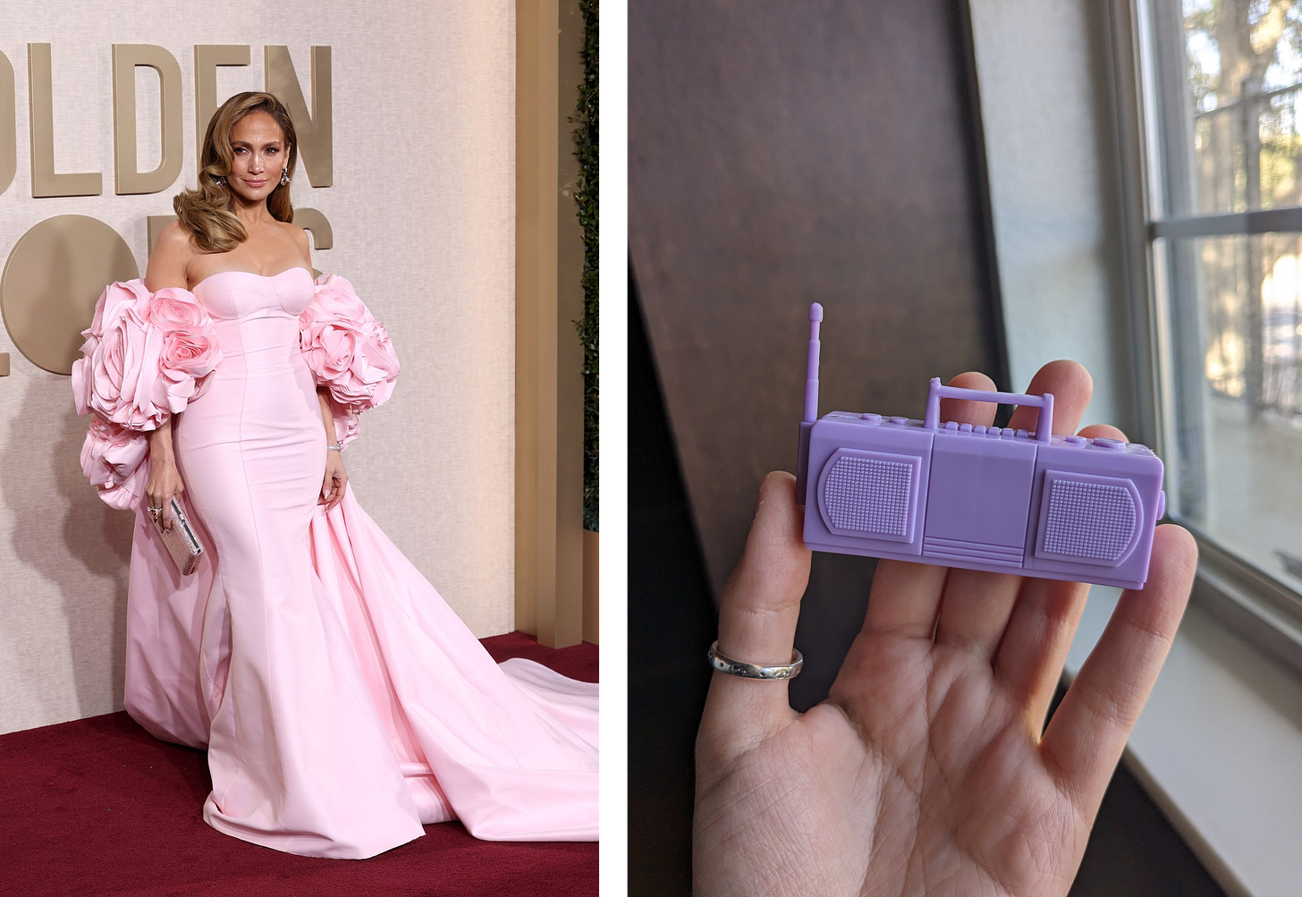 Left: Jennifer Lopez in a light pink puffy off-the-shoulder dress. Right: a purple plastic mini boombox.