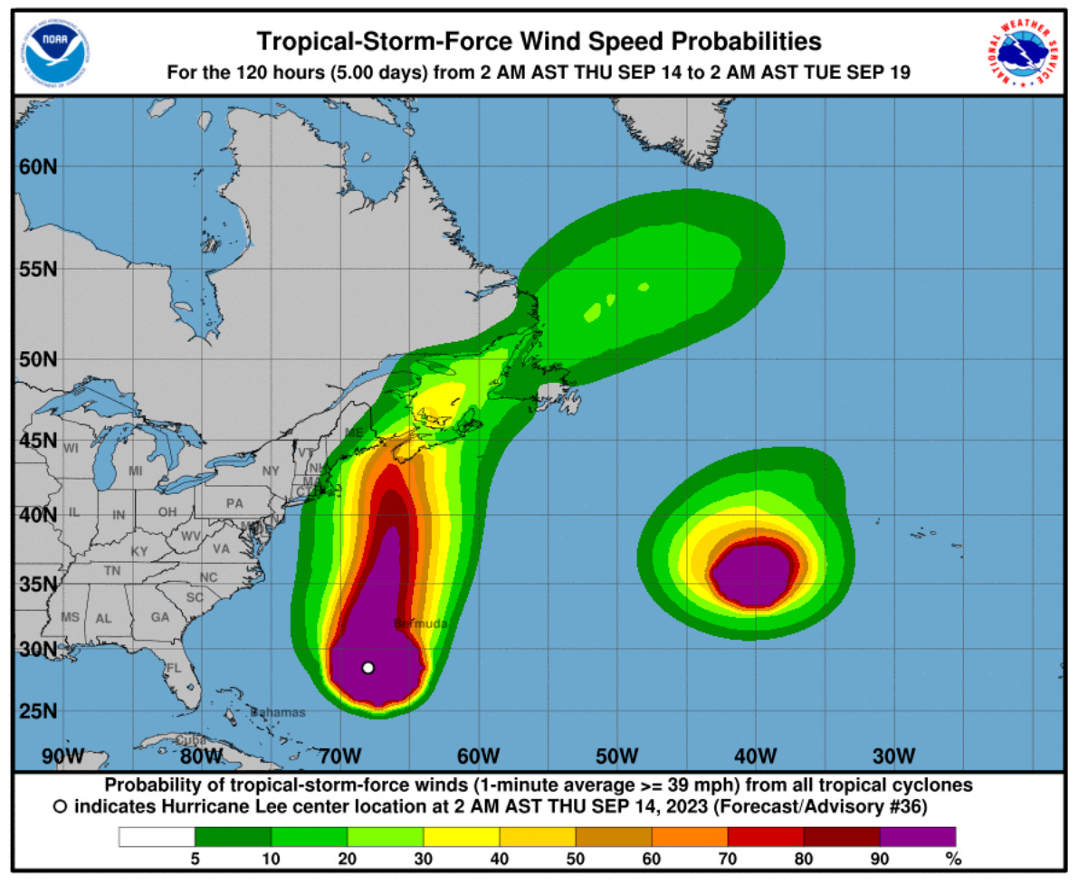 A map of the East Coast with tropical storm force wind speed probabilities for Hurricane Lee