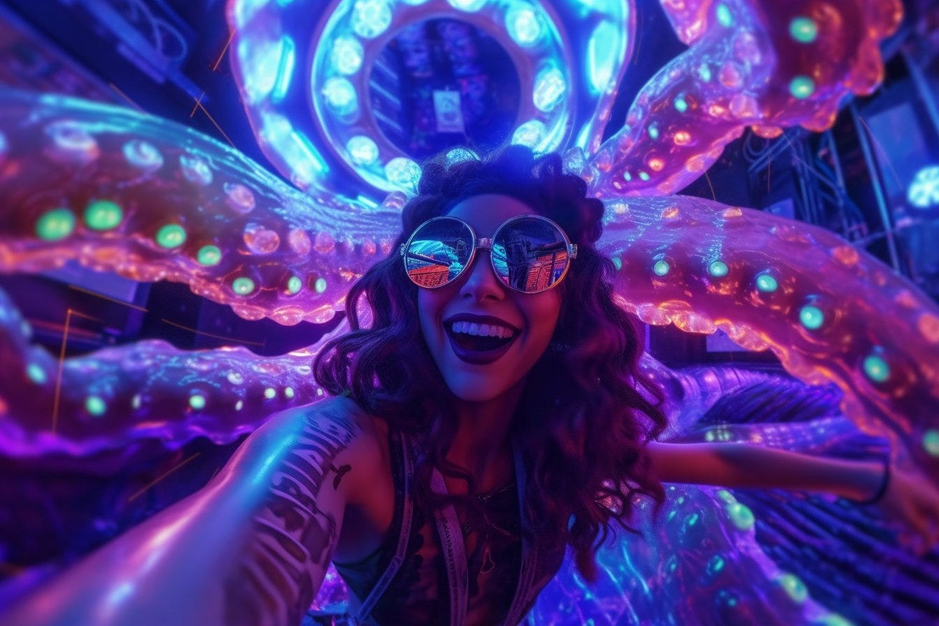 A hyper-realistic GoPro selfie of a smiling glamorous Influencer with a fluorescent, disco-dancing octopus. wide-angle. neon. selfie. Extreme environment. --ar 3:2 --s 250 --v 5.1