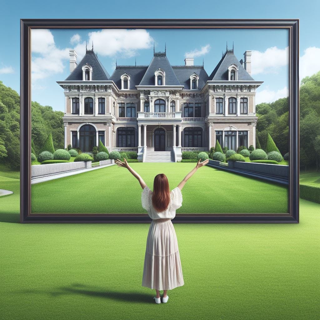 A woman raising her arms in celebration on a bright green lawn facing to the right, where floating in front of her there is an enormous life-sized unframed photo of a beautiful mansion that nearly blends in with the background such that the woman thinks that the mansion is real. There are no buildings nearby. 