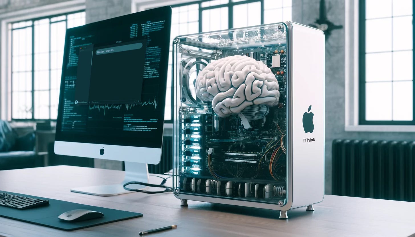 An advanced Apple iThink computer with a brain like mechanism inside a clear case sits on a desk and displays "Hello, world." on a flatscreen display.