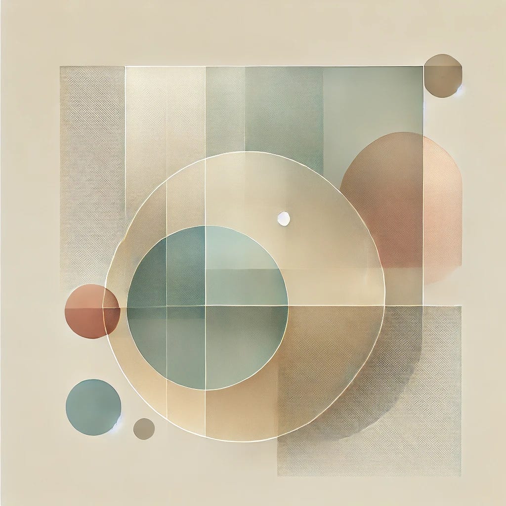 A minimalist and abstract conceptual illustration of the 'everyone is biased' bias. The artwork features overlapping translucent geometric shapes, such as softly rounded polygons or circles, arranged in a balanced yet imperfect composition. The shapes subtly intersect, with muted neutral tones (grays, off-whites, and beiges), and a single accent color (such as a subdued teal or terracotta) emphasizing a focal intersection. The design conveys a sense of layered perspectives without symmetry, avoiding an AI-generated look. The background remains clean with ample negative space for a sophisticated, editorial feel.
