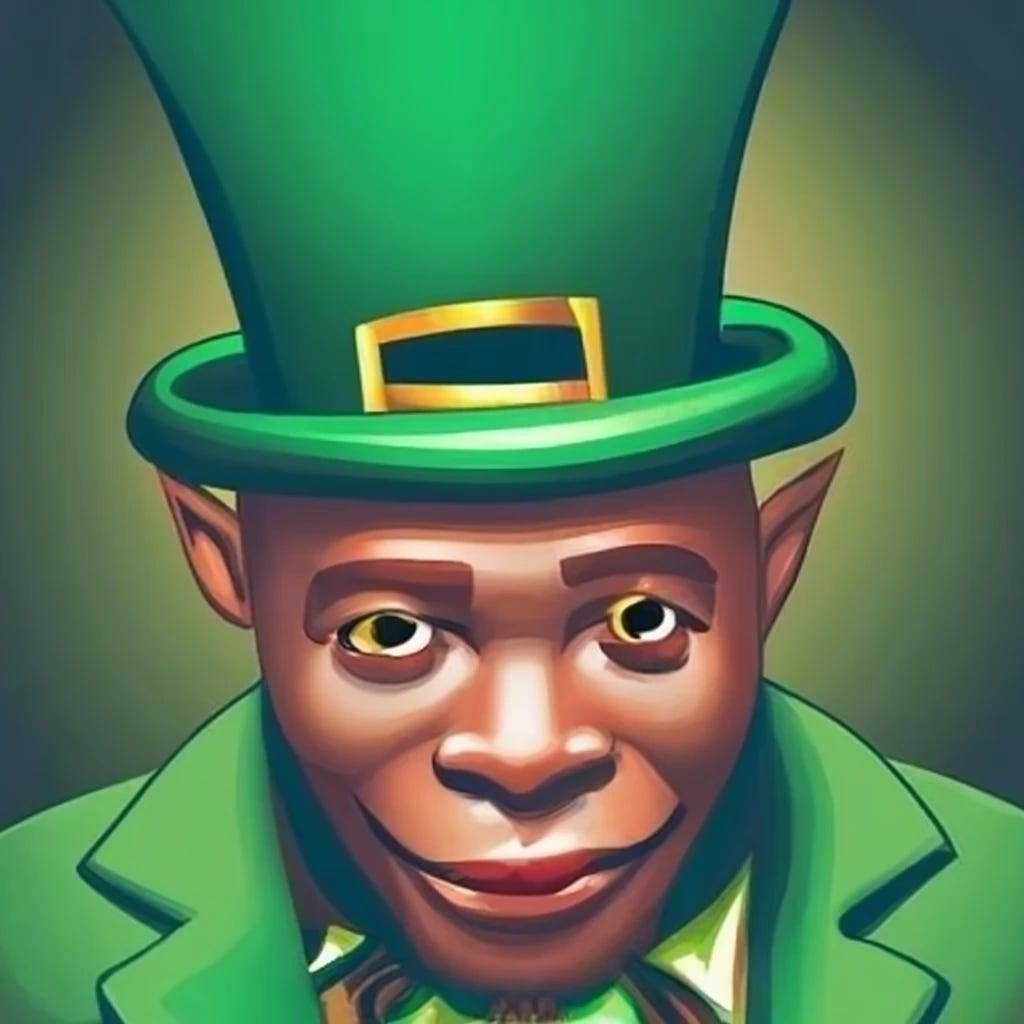 African  leprechaun in green hat and green suit