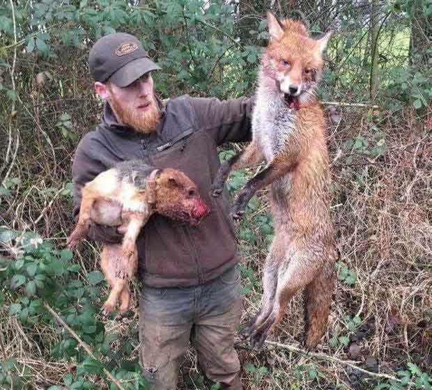 Neil Pinkerton holds up the dog and fox he forced to fight