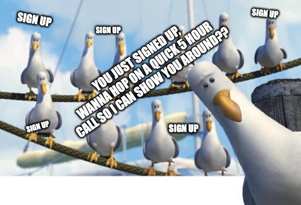 Finding Nemo Seagulls | SIGN UP; SIGN UP; SIGN UP; YOU JUST SIGNED UP, WANNA HOP ON A QUICK 5 HOUR CALL SO I CAN SHOW YOU AROUND?? SIGN UP; SIGN UP | image tagged in finding nemo seagulls | made w/ Imgflip meme maker