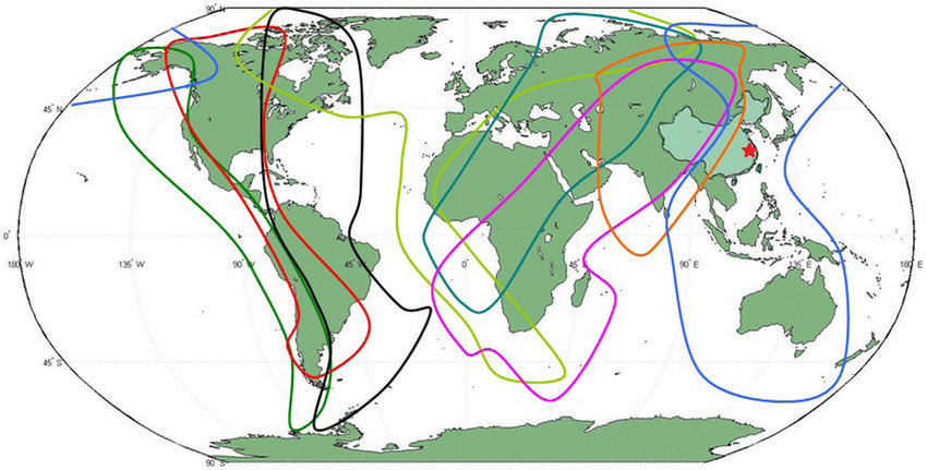 The migration routes of migrant birds in all the world. There are eight...