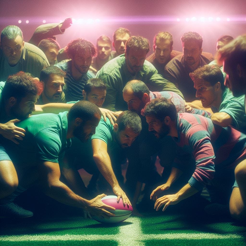 Freeze frame from an action movie: A diverse team of software developers in a Rugby scrum. Lights are light pinkish and light greenish.