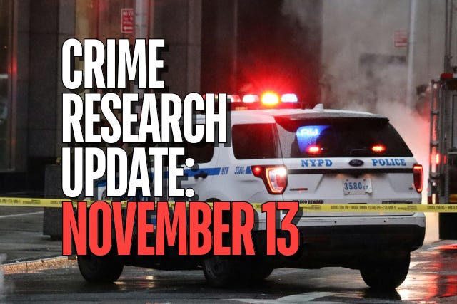 "Crime Research Update: November 13" appears in the foreground. In the background, yellow tape is strung across the image, in front of a police cruiser that sits with its roof lights on.