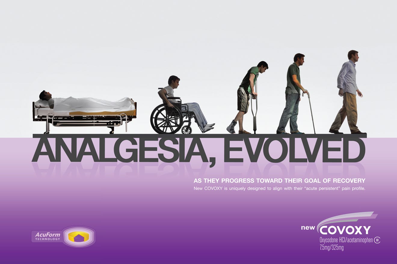 An advertisement for the new Covoxy brand. It features a group of five men walking towards a hospital bed with a patient lying on it. The patient is in a wheelchair and appears to be in pain. The background is white and the text on the image reads "ANALGESIA EVOLVED" in bold black letters. Below the text there is a purple banner with the company's logo and the words "As they progress toward their goal of recovery" in smaller white letters. The overall color scheme of the image is purple and white.