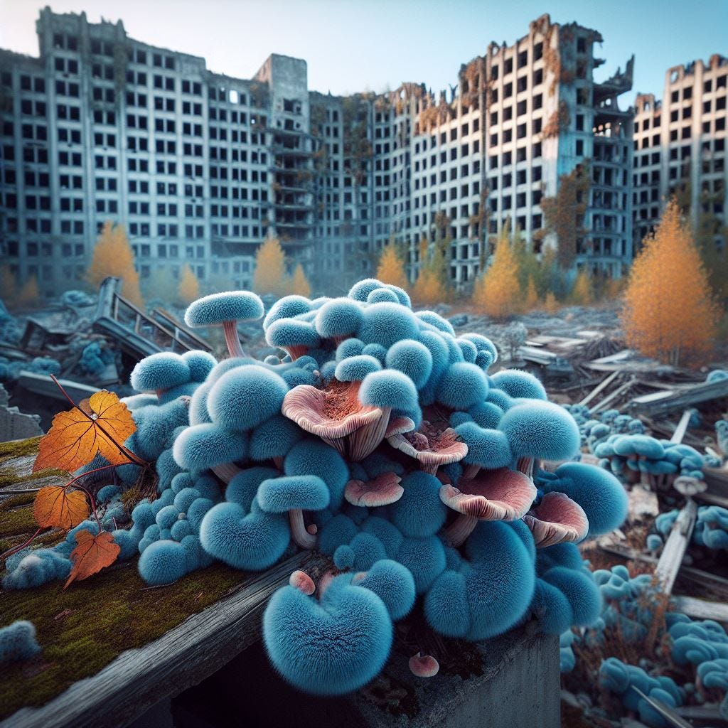 blue fuzzy fungus growing over an abandoned city