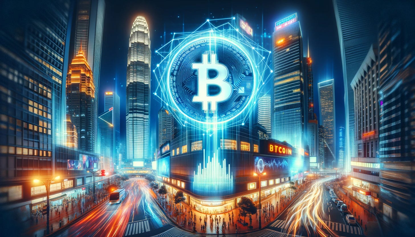 A dynamic and futuristic cityscape at night, illuminated by neon lights with a giant, glowing Bitcoin symbol hovering in the sky above the skyscrapers. The streets are filled with people looking up in awe, and digital screens display cryptocurrency charts showing upward trends. The scene captures the theme of 'The Power of Bitcoin,' symbolizing innovation, digital finance, and the cryptocurrency revolution.