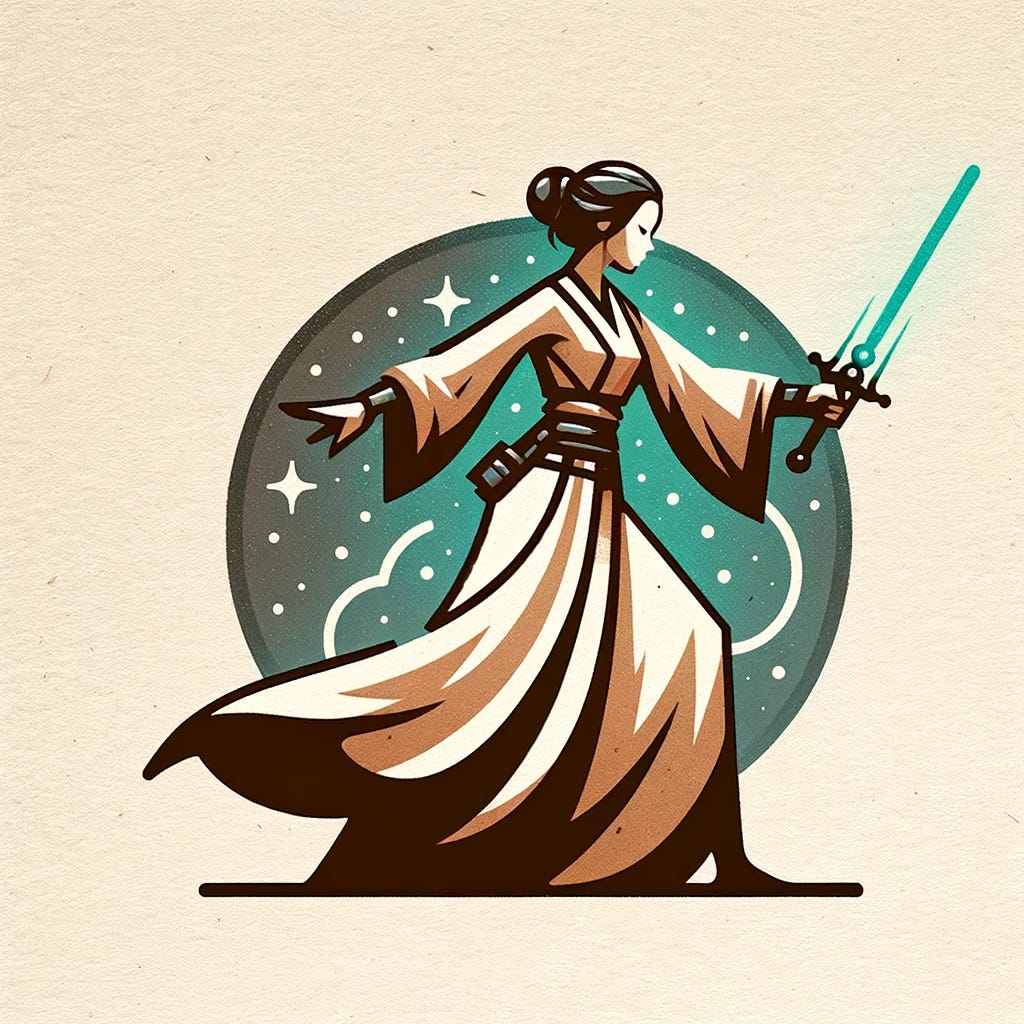A small icon of a female warrior, depicted in a dynamic pose with a futuristic energy sword in hand. She is dressed in flowing, elegant robes suitable for a mystical sci-fi setting. Her hair is styled in a practical updo, ideal for combat. The background is a subtle starry sky, enhancing the mystical and sci-fi theme. The color palette includes earth tones with hints of blue and green for the energy sword, capturing a unique, otherworldly ambiance.