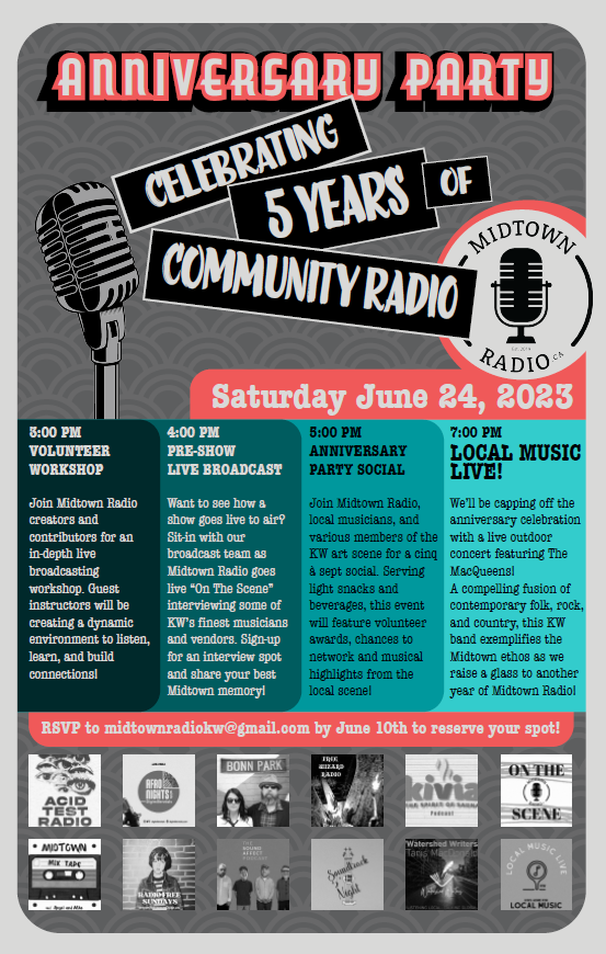Poster announcing the 5 year anniversary of Midtown Radio, outlining the volunteer workshop (3pm), pre-show live broadcast (4pm), and the 5pm anniversary party social.